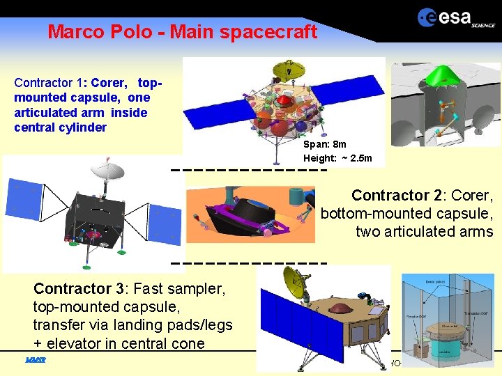 Marco Polo - Main spacecraft Contractor 1: Corer, topmounted capsule, one articulated arm inside