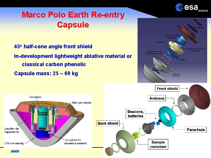 Marco Polo Earth Re-entry Capsule 45 o half-cone angle front shield In-development lightweight ablative