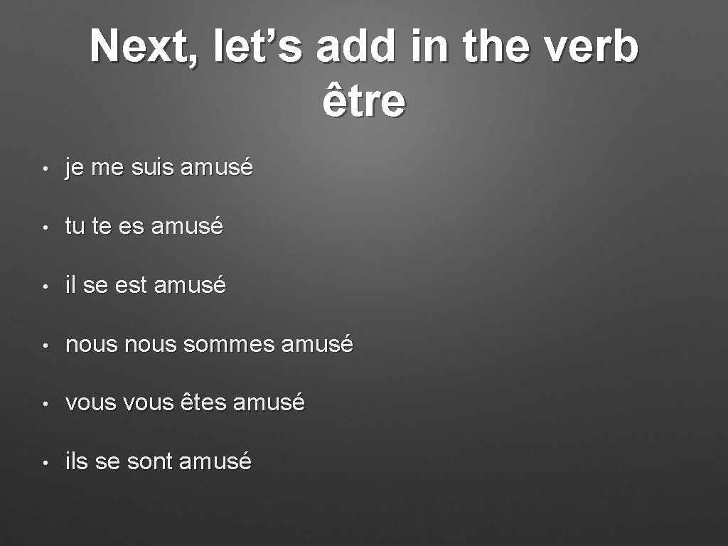 Next, let’s add in the verb être • je me suis amusé • tu