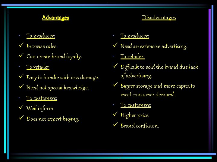 Advantages • ü ü To producer: Increase sales Can create brand loyalty. To retailer: