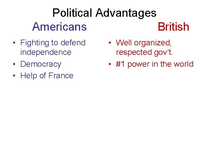 Political Advantages Americans British • Fighting to defend independence • Democracy • Help of
