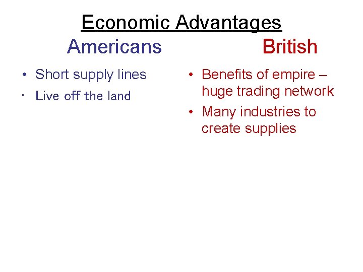 Economic Advantages Americans British • Short supply lines • Live off the land •
