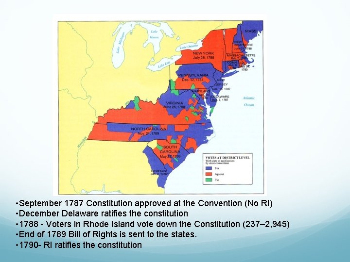  • September 1787 Constitution approved at the Convention (No RI) • December Delaware
