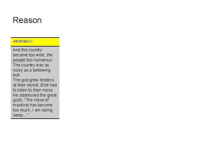 Reason Atrahasis I And the country became too wide, the people too numerous. The