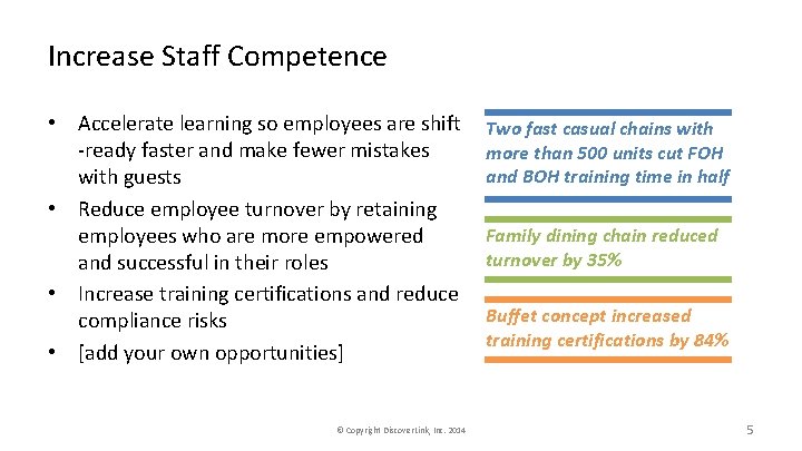Increase Staff Competence • Accelerate learning so employees are shift -ready faster and make