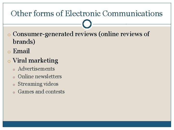 Other forms of Electronic Communications o Consumer-generated reviews (online reviews of brands) o Email