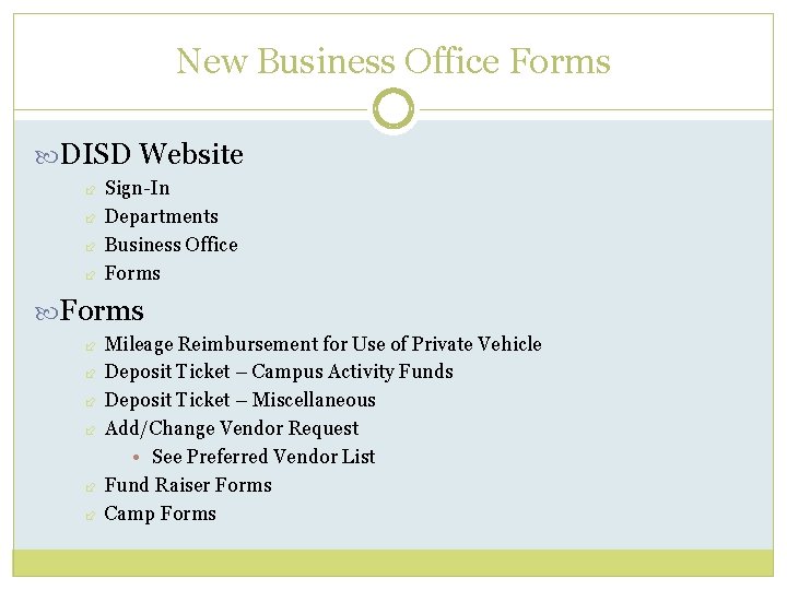 New Business Office Forms DISD Website Sign-In Departments Business Office Forms Mileage Reimbursement for