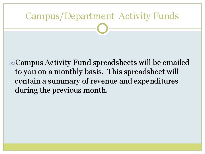 Campus/Department Activity Funds Campus Activity Fund spreadsheets will be emailed to you on a