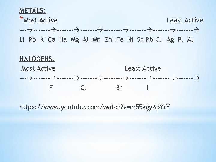 METALS: *Most Active Least Active ------- ------- Li Rb K Ca Na Mg Al