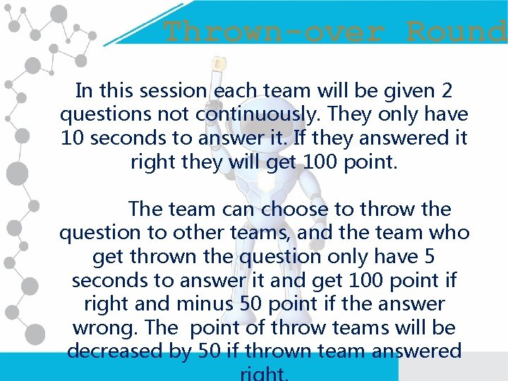 Thrown-over Round In this session each team will be given 2 questions not continuously.