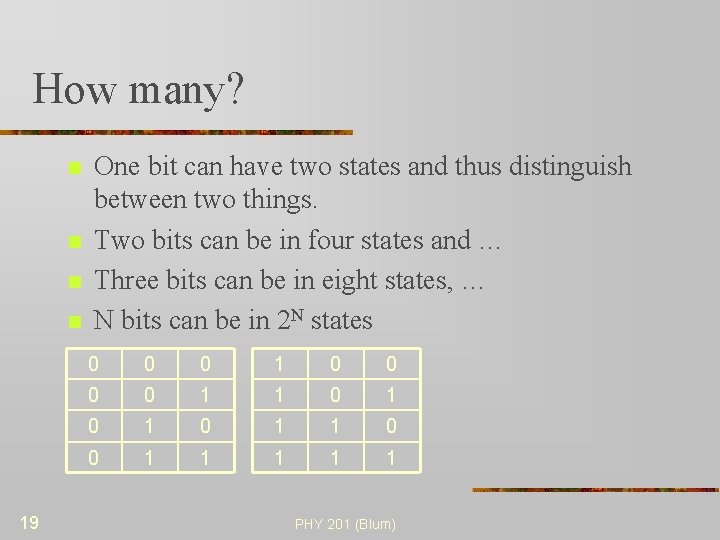 How many? n n 19 One bit can have two states and thus distinguish