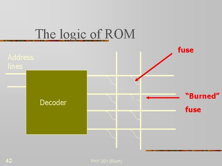 The logic of ROM fuse Address lines “Burned” Decoder 42 fuse PHY 201 (Blum)