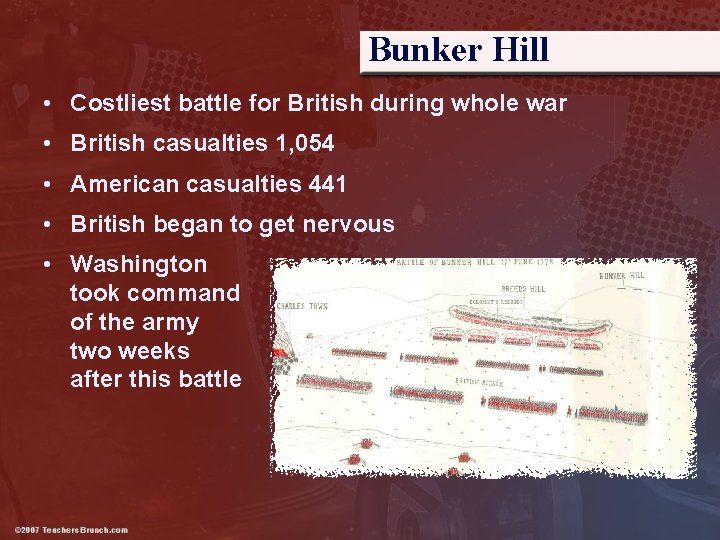 Bunker Hill • Costliest battle for British during whole war • British casualties 1,