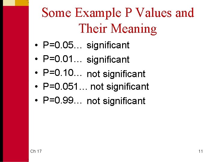 Some Example P Values and Their Meaning • • • Ch 17 P=0. 05…