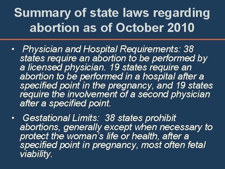 Summary of state laws regarding abortion as of October 2010 • Physician and Hospital