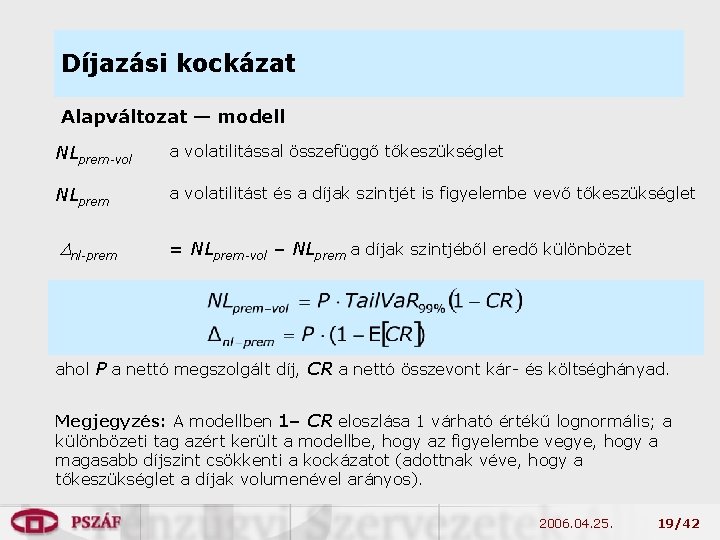 Díjazási kockázat Alapváltozat — modell NLprem-vol a volatilitással összefüggő tőkeszükséglet NLprem a volatilitást és