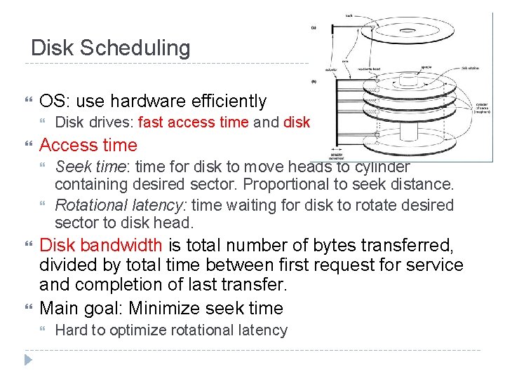 Disk Scheduling OS: use hardware efficiently Access time Disk drives: fast access time and Disk Scheduling OS: use hardware efficiently Access time Disk drives: fast access time and