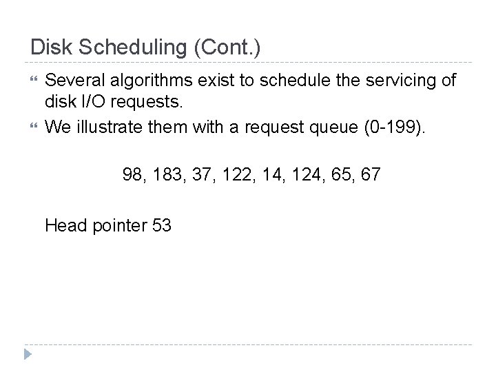 Disk Scheduling (Cont. ) Several algorithms exist to schedule the servicing of disk I/O Disk Scheduling (Cont. ) Several algorithms exist to schedule the servicing of disk I/O