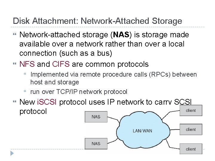 Disk Attachment: Network-Attached Storage Network-attached storage (NAS) is storage made available over a network Disk Attachment: Network-Attached Storage Network-attached storage (NAS) is storage made available over a network
