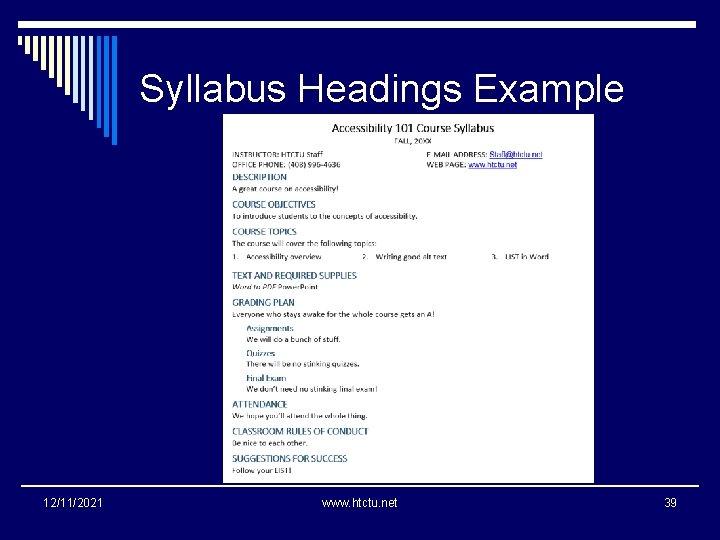 Syllabus Headings Example 12/11/2021 www. htctu. net 39 