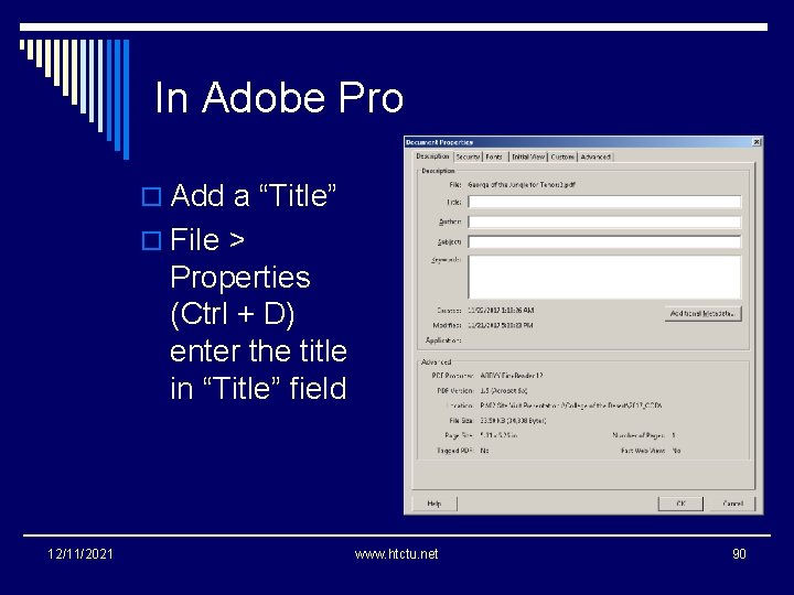 In Adobe Pro o Add a “Title” o File > Properties (Ctrl + D)