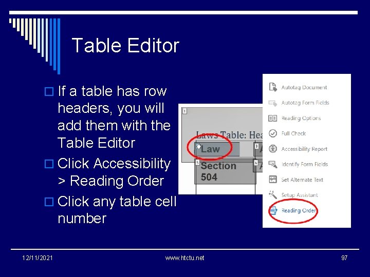 Table Editor o If a table has row headers, you will add them with
