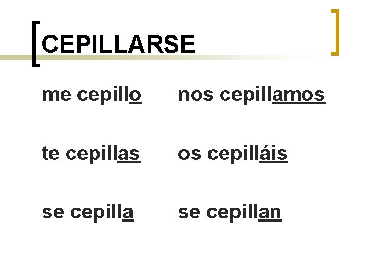 CEPILLARSE me cepillo nos cepillamos te cepillas os cepilláis se cepillan 