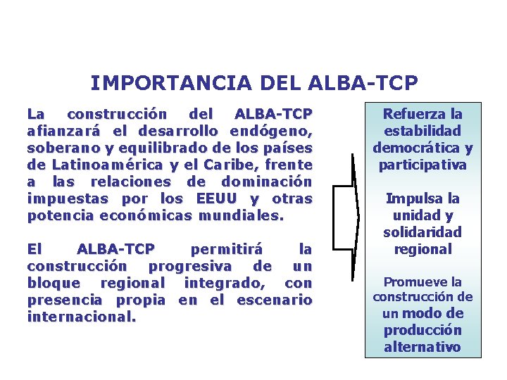 IMPORTANCIA DEL ALBA-TCP La construcción del ALBA-TCP afianzará el desarrollo endógeno, soberano y equilibrado