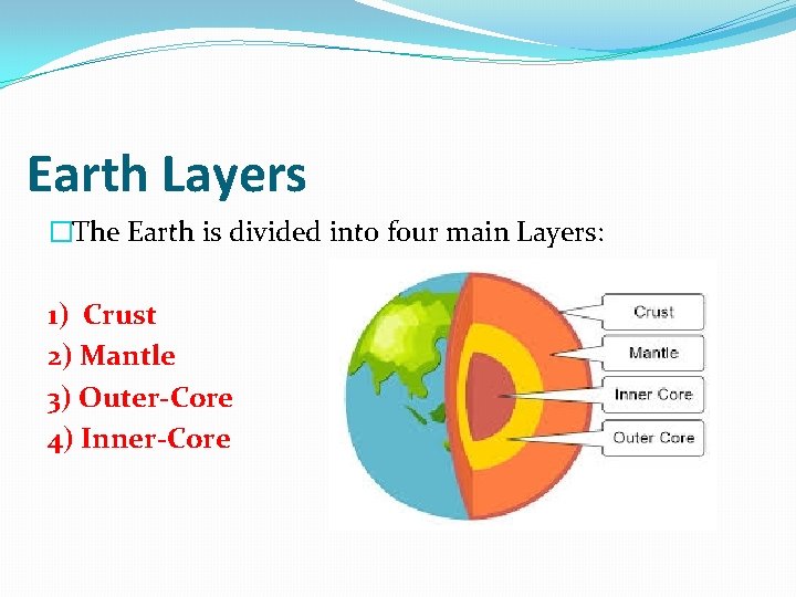 Earth Layers �The Earth is divided into four main Layers: 1) Crust 2) Mantle