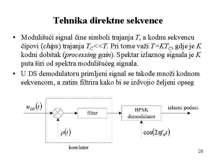 Tehnika direktne sekvence • Modulišući signal čine simboli trajanja T, a kodnu sekvencu čipovi