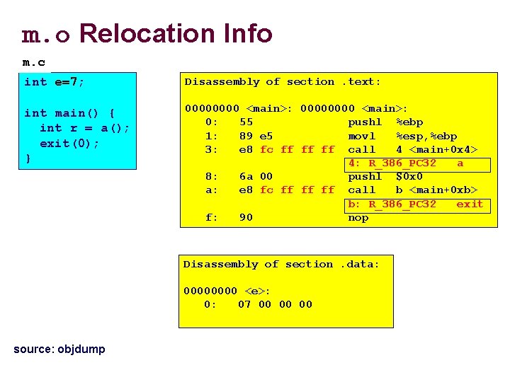 m. o Relocation Info m. c int e=7; Disassembly of section. text: int main()