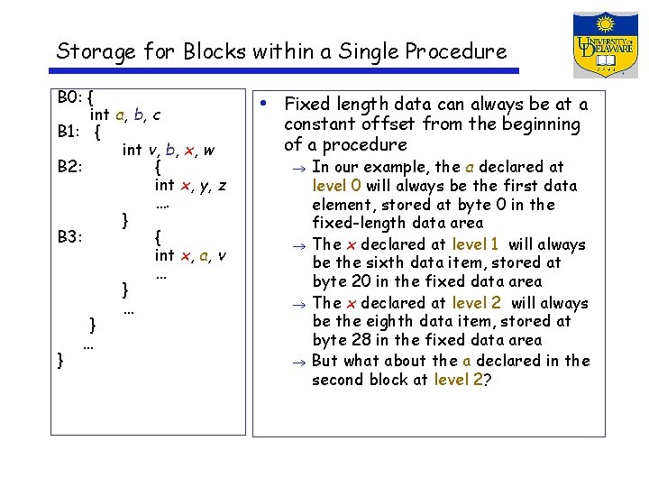 Storage for Blocks within a Single Procedure B 0: { int a, b, c