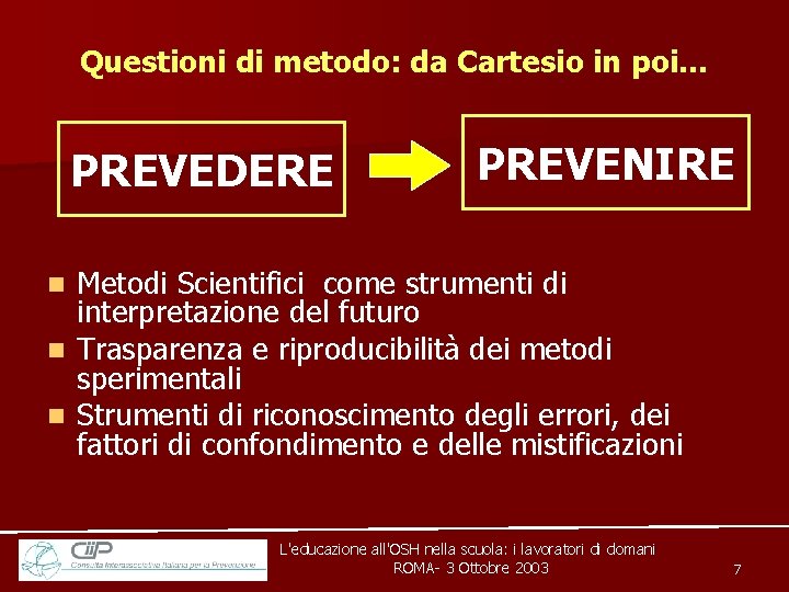 Questioni di metodo: da Cartesio in poi… PREVEDERE PREVENIRE Metodi Scientifici come strumenti di