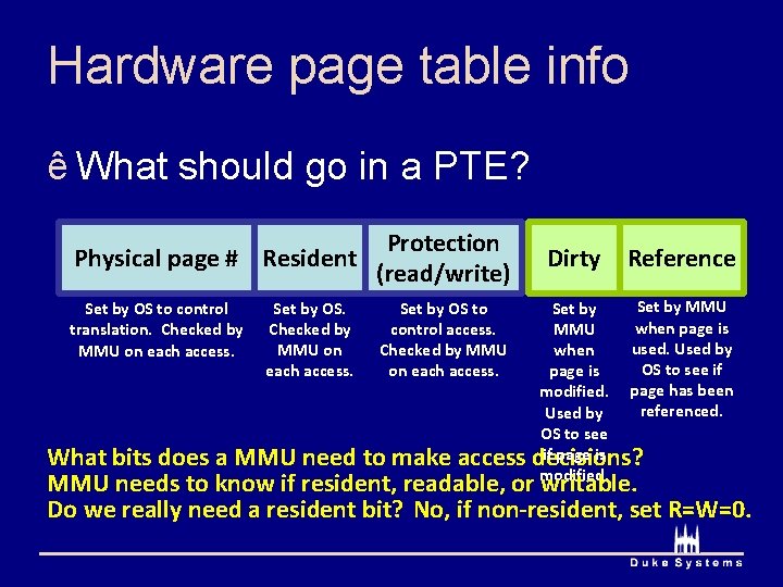 Hardware page table info ê What should go in a PTE? Protection Physical page