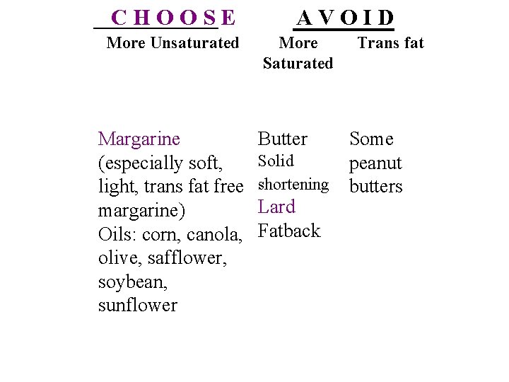 CHOOSE More Unsaturated Margarine (especially soft, light, trans fat free margarine) Oils: corn, canola,