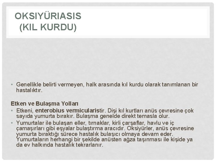 OKSIYÜRIASIS (KIL KURDU) • Genellikle belirti vermeyen, halk arasında kıl kurdu olarak tanımlanan bir