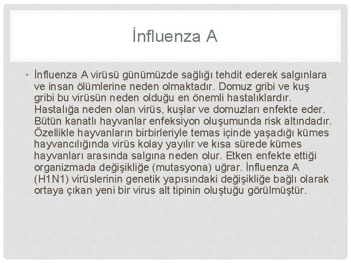 İnfluenza A • İnfluenza A virüsü günümüzde sağlığı tehdit ederek salgınlara ve insan ölümlerine
