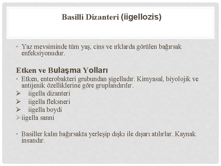 Basilli Dizanteri (iigellozis) • Yaz mevsiminde tüm yaş, cins ve ırklarda görülen bağırsak enfeksiyonudur.