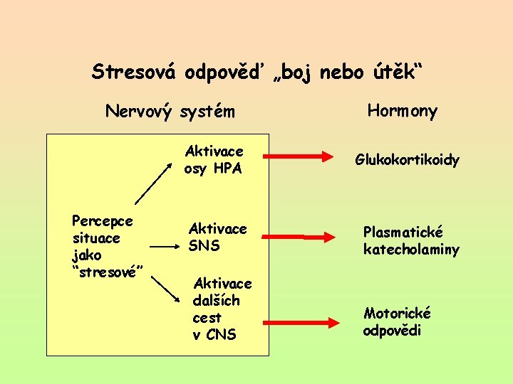 Stresová odpověď „boj nebo útěk“ Nervový systém Percepce situace jako “stresové” Hormony Aktivace osy