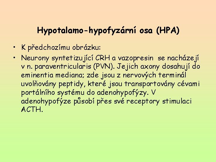 Hypotalamo-hypofyzární osa (HPA) • K předchozímu obrázku: • Neurony syntetizující CRH a vazopresin se