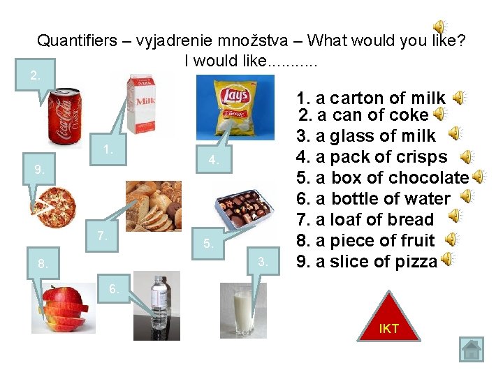 Quantifiers – vyjadrenie množstva – What would you like? I would like. . .