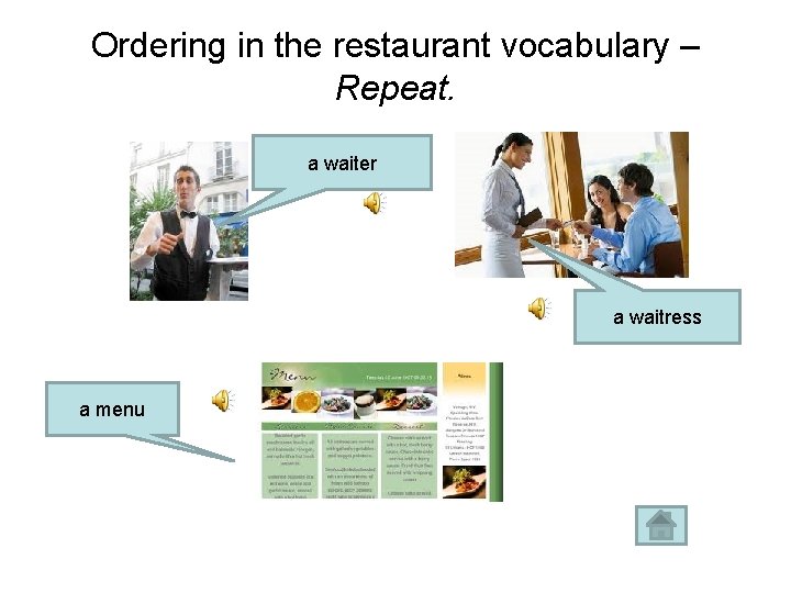 Ordering in the restaurant vocabulary – Repeat. a waiter a waitress a menu 