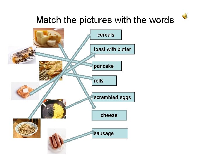 Match the pictures with the words cereals toast with butter pancake rolls scrambled eggs