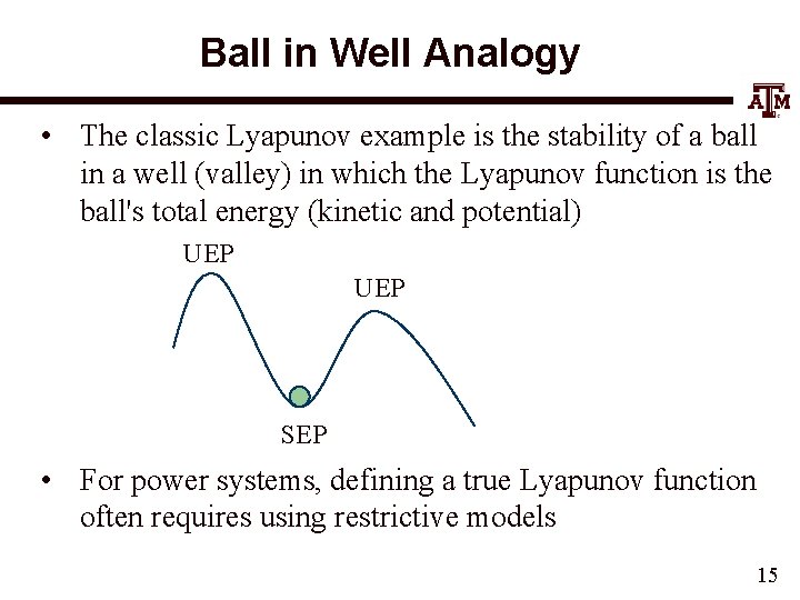 Ball in Well Analogy • The classic Lyapunov example is the stability of a