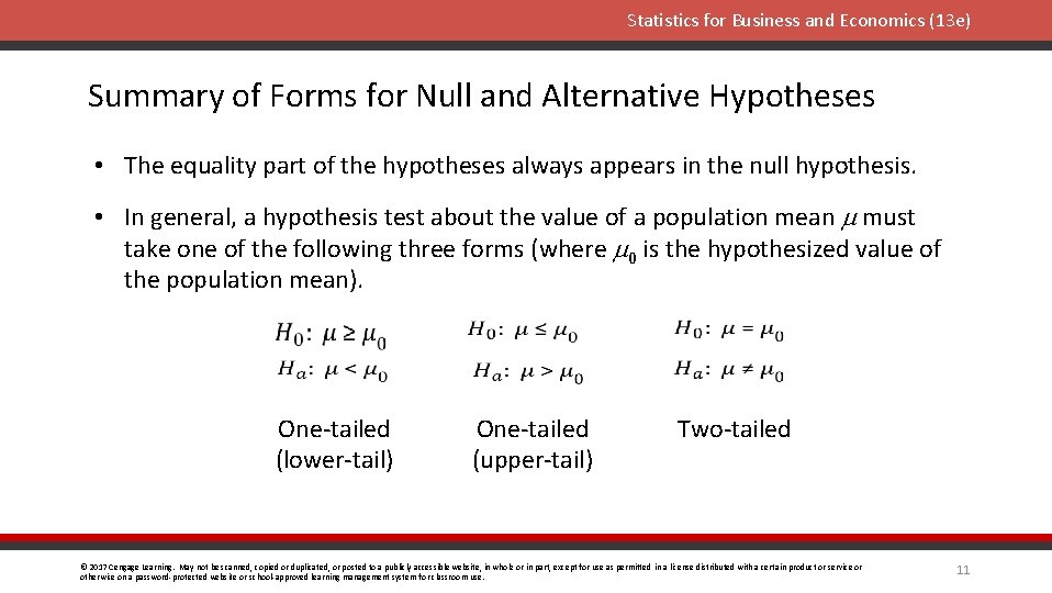 Statistics for Business and Economics (13 e) Summary of Forms for Null and Alternative