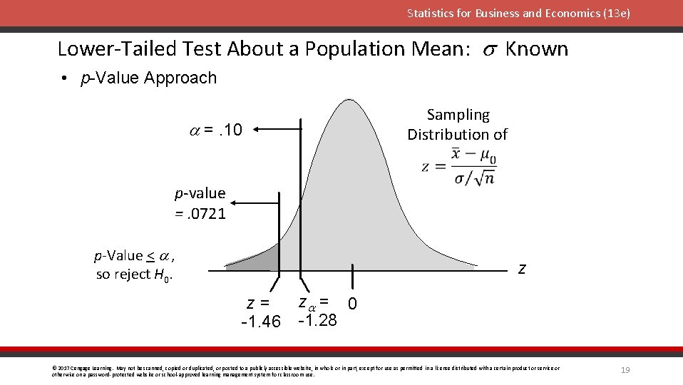 Statistics for Business and Economics (13 e) Lower-Tailed Test About a Population Mean: s