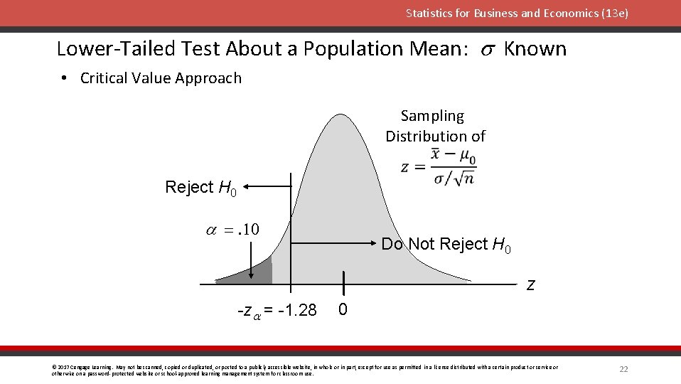 Statistics for Business and Economics (13 e) Lower-Tailed Test About a Population Mean: s