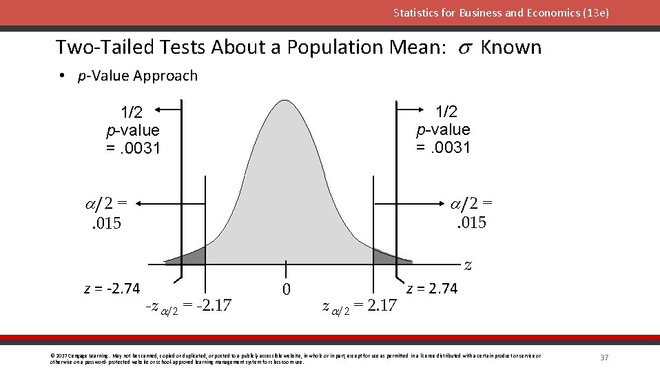Statistics for Business and Economics (13 e) Two-Tailed Tests About a Population Mean: s