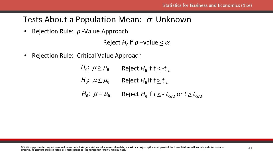 Statistics for Business and Economics (13 e) Tests About a Population Mean: s Unknown