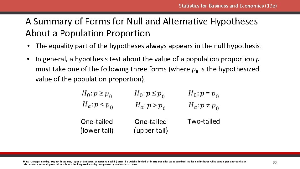 Statistics for Business and Economics (13 e) A Summary of Forms for Null and